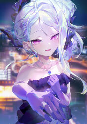 Rule 34 | 1girl, bare shoulders, blue archive, blush, breasts, collarbone, dress, elbow gloves, emoillu, gloves, highres, hina (blue archive), hina (dress) (blue archive), horns, long hair, looking at viewer, official alternate costume, open mouth, purple dress, purple eyes, purple gloves, small breasts, smile, solo, white hair