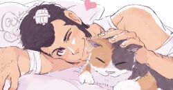 Rule 34 | 1boy, animal, arm hair, arsene lupin iii, bandaged arm, bandages, black hair, calico, cat, closed mouth, fingernails, gauze, highres, knuckle hair, long sideburns, lupin iii, lying, male focus, nowit7hotter, on side, one eye closed, petting, pillow, pink eyes, shirt, short hair, sideburns, smile, white shirt
