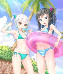Rule 34 | 2girls, aqua bikini, armpits, asashio (kancolle), bikini, black hair, blue bikini, blue bow, blue eyes, blue sky, bow, breasts, collarbone, day, food, front-tie bikini top, front-tie top, gotou hisashi, green bikini, groin, hair between eyes, hair bobbles, hair bow, hair ornament, holding, holding food, ice cream, innertube, kantai collection, kasumi (kancolle), long hair, looking at viewer, multiple girls, navel, open mouth, outdoors, palm tree, side-tie bikini bottom, side ponytail, sideboob, silver hair, sky, small breasts, standing, striped bikini, striped clothes, sunlight, swim ring, swimsuit, tongue, tongue out, transparent, tree, yellow eyes