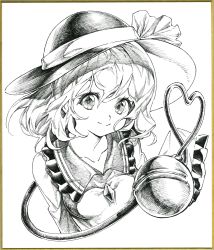 Rule 34 | 1girl, arms at sides, blouse, buttons, closed mouth, commentary, diamond button, eyebrows hidden by hair, frilled shirt collar, frilled sleeves, frills, greyscale, hair between eyes, hat, hat ribbon, heart, heart of string, highres, komeiji koishi, long sleeves, looking at viewer, medium hair, millipen (medium), monochrome, oshake, photo (medium), ribbon, shirt, sleeves past fingers, sleeves past wrists, smile, solo, split mouth, third eye, touhou, traditional media, upper body, wide sleeves