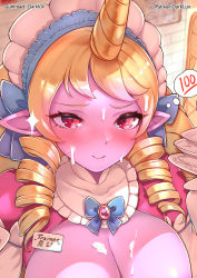 Rule 34 | 1girl, artist name, blonde hair, blue bow, blue bowtie, blurry, blurry background, blush, bow, bowtie, breasts, cafe cuties soraka, closed mouth, colored skin, cum, cum on body, cum on breasts, cum on upper body, darklux, facial, gem, highres, holding, holding plate, horns, indoors, large breasts, league of legends, long hair, maid headdress, pink skin, plate, red eyes, single horn, smile, soraka (league of legends), thought bubble
