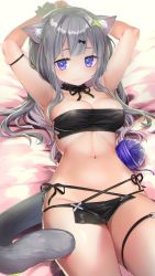 Rule 34 | 1girl, animal ear fluff, animal ears, arms up, black bow, blue eyes, blush, bow, breasts, cat ears, cat tail, female focus, grey hair, hair bow, highres, looking at viewer, lying, mitake eil, multicolored hair, navel, on back, on bed, original, pelvic curtain, skindentation, smile, solo, strapless, tail, tube top, undersized clothes, yarn, yarn ball