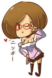 Rule 34 | 1girl, artist request, blush, breasts, brown hair, cleavage, female focus, full body, glasses, heart, looking at viewer, nikki (swapnote), nintendo, one eye closed, simple background, skirt, solo, swapnote, text focus, translation request, v, white background, wink