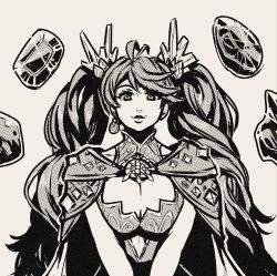 Rule 34 | 1girl, akairiot, breasts, cape, cleavage, earrings, gem, greyscale, halftone, highres, jewelry, large breasts, long hair, looking at viewer, monochrome, original, outline, parted lips, single earring, smile, solo, twintails, upper body, very long hair, white background, white outline