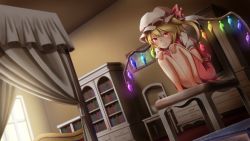 Rule 34 | 1girl, bed, bedroom, blonde hair, blurry, book, bookshelf, canopy bed, chest of drawers, commentary request, convenient leg, crystal, day, depth of field, dutch angle, fall (5754478), flandre scarlet, from below, glowing, glowing eyes, hands on own knees, hat, hat ribbon, indoors, knees to chest, looking at viewer, mirror, mob cap, on chair, picture frame, puffy short sleeves, puffy sleeves, red eyes, red skirt, red vest, ribbon, shirt, short hair, short sleeves, side ponytail, sitting, skirt, smile, solo, table, touhou, vanity table, vest, white shirt, window, wings