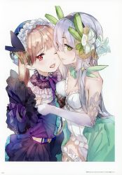 Rule 34 | + +, 2girls, absurdres, atelier (series), atelier lydie &amp; suelle, bare shoulders, cheek-to-cheek, green eyes, hair ornament, hairband, heads together, highres, huge filesize, long hair, looking at viewer, lydie marlen, multiple girls, official art, one eye closed, open mouth, pink eyes, pink hair, plachta, scan, silver hair, smile, thighhighs, twintails, yuugen