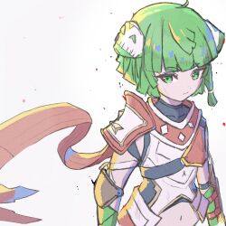 Rule 34 | 1other, androgynous, animal ears, armor, blunt bangs, braid, cat ears, clothing cutout, ears down, green eyes, green hair, highres, juniper (xenoblade), long scarf, navel, navel cutout, orange armor, orange scarf, other focus, scarf, stomach cutout, tokireno, upper body, xenoblade chronicles (series), xenoblade chronicles 3