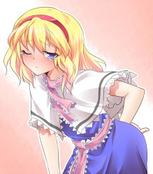 Rule 34 | 1girl, alice margatroid, ascot, blue eyes, blush, bow, capelet, dairi, hair bow, hand on own hip, solo, tears, touhou