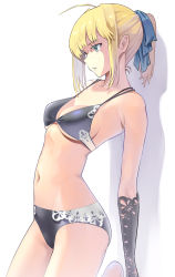Rule 34 | 1girl, ahoge, artoria pendragon (all), artoria pendragon (fate), bikini, blonde hair, blue eyes, breasts, cleavage, closed mouth, cowboy shot, fate/stay night, fate (series), hair ribbon, medium breasts, navel, ponytail, ribbon, saber (fate), shadow, shiratama (monster1553), solo, swimsuit, white background
