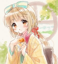 Rule 34 | 1girl, black bow, blunt bangs, blush, bow, breasts, brown eyes, brown hair, dot nose, food, food on face, from side, hair bow, hair ribbon, hands up, highres, holding, holding food, idolmaster, idolmaster cinderella girls, idolmaster cinderella girls starlight stage, japanese clothes, kimono, long hair, long sleeves, looking at viewer, mochizuki yomogi, open mouth, ponytail, red ribbon, ribbon, round window, senbei, small breasts, solo, two-tone ribbon, upper body, very long hair, window, yellow kimono, yorita yoshino