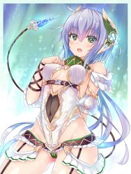 Rule 34 | 1girl, atelier (series), atelier sophie, bare shoulders, breasts, clothing cutout, covered navel, green eyes, hair between eyes, highres, kazuneko (wktk1024), long hair, looking at viewer, navel cutout, open mouth, plachta, purple hair, small breasts, solo, swimsuit, symbol-shaped pupils