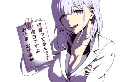 Rule 34 | 1girl, bandaged neck, bandages, breasts, cleavage, collarbone, eyepiece, formal, girls&#039; frontline, holding, holding paper, id card, jacket, looking at viewer, medium breasts, office lady, official alternate costume, open mouth, ouga (user ctzw2237), paper, purple eyes, purple shirt, rpk-16 (girls&#039; frontline), rpk-16 (renate) (girls&#039; frontline), shirt, short hair, silver hair, smile, solo, suit, translation request, upper body, white background, white jacket, white suit
