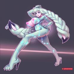 Rule 34 | 1girl, animal ears, animal hands, blue eyes, blue hair, blue theme, breasts, cleavage, dahlia (xenoblade), full body, ice, large breasts, long hair, looking at viewer, nintendo, nipples, rabbit, rabbit ears, rabbit girl, solo, supersatanson, tsuki (xenoblade 2), white hair, xenoblade chronicles (series), xenoblade chronicles 2