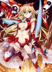 Rule 34 | 1girl, absurdres, black thighhighs, blonde hair, blue eyes, blue gloves, bow, breasts, cleavage, dual wielding, eyebrows, fingerless gloves, flower, fujima takuya, gloves, groin, hair bow, hair ornament, high heels, highres, holding, holding knife, holding sword, holding weapon, kamiyugi ayase, knife, large breasts, leg up, long hair, looking at viewer, mecha musume, midriff, navel, red flower, red footwear, rigel (z/x), scan, shoes, solo, sword, thighhighs, weapon, z/x