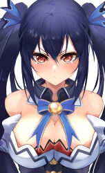Rule 34 | 1girl, bare shoulders, bimmy, black hair, blush, breasts, cleavage, detached sleeves, dress, frilled dress, frilled sleeves, frills, hair between eyes, hair ribbon, highres, long hair, looking at viewer, medium breasts, neptune (series), noire (neptunia), red eyes, ribbon, solo, tearing up, tsundere, twintails, upper body