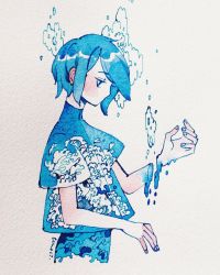 Rule 34 | 1girl, blue hair, water drop, highres, looking down, maruti bitamin, no mouth, original, photo (medium), profile, severed hand, short hair, short sleeves, solo, traditional media, upper body, water, wave print, waves, white background