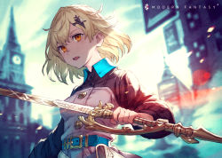 Rule 34 | 1girl, belt, blonde hair, blurry, blurry background, book, building, clock, clock tower, cloud, cloudy sky, english text, fingernails, hair ornament, highres, holding, holding sword, holding weapon, kusano shinta, open mouth, orange eyes, original, outdoors, short hair, sky, solo, sword, tower, weapon