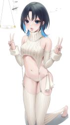 Rule 34 | 2girls, @ @, absurdres, bare shoulders, barefoot, black hair, black nails, blue hair, blush, breasts, coin, coin on string, colored inner hair, detached sleeves, double v, earrings, garter straps, highres, hiodoshi ao, hololive, hololive dev is, hypnosis, ichijou ririka, jewelry, kneeling, meme attire, midriff, mind control, multicolored hair, multiple earrings, multiple girls, nail polish, navel, open mouth, short hair, simple background, small breasts, smile, solo focus, somebody (leiking00), thighhighs, toenail polish, toenails, v, virgin destroyer sweater, virtual youtuber, white background