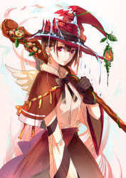 Rule 34 | 1girl, bad id, bad pixiv id, black gloves, bow, bowtie, brown hair, capelet, cibo (killy), dress, earrings, gloves, hat, jewelry, long sleeves, looking at viewer, original, plant, red eyes, short hair, solo, staff, water, wings, witch hat