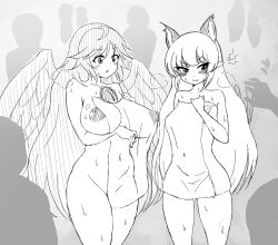 Rule 34 | 2girls, alternate hairstyle, animal ears, bird wings, breasts, cat ears, chest jewel, commentary request, covered navel, cowboy shot, extra ears, geno (9999), gluteal fold, gradient background, heart, kaenbyou rin, large breasts, medium breasts, multiple girls, naked towel, nipples, people, pointy ears, reiuji utsuho, see-through, simple background, slit pupils, standing, steam, thigh gap, touhou, towel, v-shaped eyebrows, wavy mouth, wet, wings