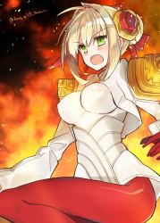 Rule 34 | 10s, 1girl, armor, blonde hair, breasts, covered erect nipples, fate/extella, fate/extra, fate (series), fire, gloves, green eyes, mom 29 mom, nero claudius (fate), nero claudius (fate) (all), nero claudius (fate/extra), official alternate costume, open mouth, red gloves, shoulder armor, solo, twitter username