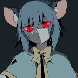 Rule 34 | 1girl, animal ears, blue hair, capelet, colored skin, creepy, dress, frown, glowing, glowing eyes, grey skin, horror (theme), kozakura (dictionary), looking at viewer, looking down, mouse ears, nazrin, red eyes, short hair, solo, touhou, upper body