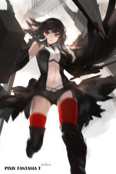 Rule 34 | 1girl, bad id, bad pixiv id, black hair, black legwear, brown eyes, holding, holding sword, holding weapon, long hair, looking at viewer, navel, pixiv fantasia, pixiv fantasia t, sketch, solo, swd3e2, sword, weapon