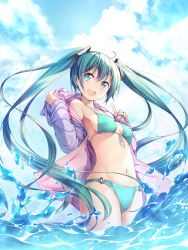 Rule 34 | 1girl, :d, ahoge, aqua eyes, aqua hair, bare shoulders, bikini, blush, breasts, cloud, cloudy sky, cowboy shot, day, front-tie bikini top, front-tie top, hatsune miku, highres, index finger raised, jacket, long hair, long sleeves, looking at viewer, matsuuni, medium breasts, navel, o-ring, o-ring bikini, o-ring bottom, off shoulder, open clothes, open jacket, open mouth, outdoors, purple jacket, ribbon, sky, smile, solo, stomach, swimsuit, teeth, twintails, upper teeth only, very long hair, vocaloid, water, white ribbon