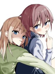 2girls absurdres blue_eyes blue_overalls blue_sweater blush brown_hair commentary_request girls_band_cry green_shirt hair_between_eyes highres hug hug_from_behind iseri_nina kawaragi_momoka light_brown_hair long_hair long_sleeves looking_at_viewer low_twintails multiple_girls overalls pinky_out raruraru shirt short_hair short_twintails sidelocks simple_background sweater tongue tongue_out twintails white_background yuri