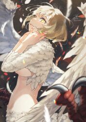 Rule 34 | 1girl, black background, blonde hair, breasts, closed mouth, commentary, dungeon meshi, english commentary, fadingz, falin touden, falin touden (chimera), fang, feathers, highres, large breasts, looking at viewer, monster girl, navel, pixiv id, signature, solo, stomach, underboob, white wings, wings, yellow eyes
