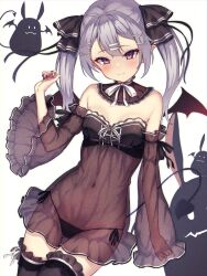 Rule 34 | 1girl, bare shoulders, black panties, black thighhighs, blush, breasts, closed mouth, commentary request, demon girl, demon tail, demon wings, detached sleeves, dress, grey hair, hair ornament, hairclip, hand up, long sleeves, mini wings, navel, original, panties, red eyes, red wings, ryuinu, see-through, see-through sleeves, side-tie panties, simple background, small breasts, solo, strapless, strapless dress, tail, thighhighs, twintails, underwear, white background, wide sleeves, wings, x hair ornament