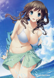 Rule 34 | 1girl, absurdres, aikawa arisa (kiss ato), arm at side, bare shoulders, bikini, blue eyes, blue sky, breasts, brown hair, cleavage, cloud, cloudy sky, collarbone, cowboy shot, day, fingernails, hair ornament, hair ribbon, hand up, highres, hood, hoodie, jacket, kiss ato, large breasts, legs together, long hair, looking at viewer, mikoto akemi, ocean, off shoulder, open clothes, open jacket, open mouth, orange ribbon, outdoors, partially submerged, ribbon, sarong, side-tie bikini bottom, sky, smile, solo, standing, strap gap, string bikini, swimsuit, thigh gap, twintails, wading, water, white bikini