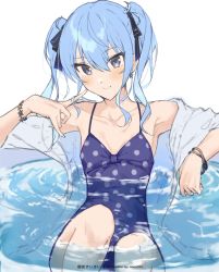 Rule 34 | 1girl, absurdres, ahoge, alternate costume, alternate hairstyle, armpits, artist name, black ribbon, blue eyes, blue hair, blue one-piece swimsuit, blush, bracelet, breasts, character name, closed mouth, collarbone, commentary, earrings, feet out of frame, hair between eyes, hair ribbon, haru on, highres, hololive, hoshimachi suisei, jacket, jewelry, light blue hair, long hair, looking at viewer, off shoulder, one-piece swimsuit, open clothes, open jacket, partially submerged, polka dot, polka dot swimsuit, pool, ribbon, ripples, simple background, sitting, small breasts, smile, solo, star (symbol), star bracelet, star earrings, star in eye, swimsuit, symbol in eye, twintails, virtual youtuber, white background, white jacket