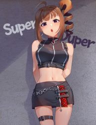 Rule 34 | 1girl, ahoge, arms behind back, belly chain, black shirt, black skirt, brown hair, commentary, cowboy shot, crop top, drill hair, earrings, english commentary, english text, hair tie, half-closed eyes, idolmaster, idolmaster million live!, idolmaster million live! theater days, jewelry, kamille (vcx68), looking at viewer, miniskirt, navel, open mouth, purple eyes, shadow, shirt, side drill, side ponytail, skindentation, skirt, sleeveless, sleeveless shirt, solo, standing, thigh strap, yokoyama nao, zipper