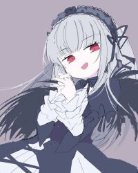 Rule 34 | 1girl, black dress, black wings, blunt bangs, dress, frills, gothic lolita, grey hair, hairband, lolita fashion, lolita hairband, long hair, long sleeves, looking at viewer, mzh, open mouth, red eyes, rozen maiden, simple background, sketch, solo, suigintou, wings