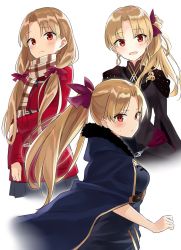 Rule 34 | 1girl, :d, alternate hairstyle, azuuru, black cape, black dress, black skirt, blonde hair, buckle, cape, closed mouth, coat, commentary request, dress, duffel coat, earrings, ereshkigal (fate), ereshkigal (third ascension) (fate), fate/grand order, fate (series), frown, fur-trimmed cape, fur trim, hair ornament, hair ribbon, highres, infinity symbol, jewelry, long dress, long hair, long sleeves, looking at viewer, multiple views, open mouth, parted bangs, plaid, plaid scarf, ponytail, red coat, red eyes, red ribbon, ribbon, scarf, side ponytail, simple background, skirt, smile, sweatdrop, twintails, white background
