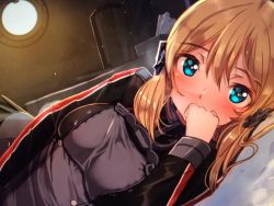 Rule 34 | 10s, 1girl, akasaai, bed, blonde hair, blue eyes, blush, breasts, covering own mouth, hair ornament, heart, heart-shaped pupils, kantai collection, long hair, looking at viewer, low twintails, lying, medium breasts, no gloves, no headwear, on side, pov, prinz eugen (kancolle), solo, sunlight, symbol-shaped pupils, twintails, upper body, window