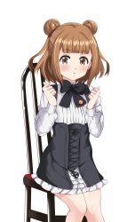 Rule 34 | 1girl, absurdres, achmad faisal, beatrice (princess principal), black bow, black bowtie, blush, bow, bowtie, brown eyes, brown hair, double bun, hair bun, highres, looking at viewer, maid, on chair, open mouth, princess principal, shiny skin, short hair, simple background, sitting, solo, white background
