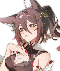 Rule 34 | 1girl, :p, animal ear fluff, animal ears, bare shoulders, blush, breasts, brown shirt, cleavage, cleavage cutout, closed mouth, clothing cutout, cropped, detached sleeves, earrings, fox ears, fox girl, gradient hair, green eyes, hair between eyes, hair ornament, hand on own chest, head tilt, high ponytail, highres, honkai: star rail, honkai (series), jewelry, long hair, looking at viewer, medium breasts, multicolored hair, ponytail, portrait, raised eyebrows, red hair, shirt, sidelocks, simple background, sleeveless, sleeveless shirt, so zei tama tama, solo, tingyun (honkai: star rail), tongue, tongue out, white background, white sleeves