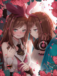 Rule 34 | 2girls, 6+girls, alternate costume, blush, breasts, brown hair, cleavage, closed mouth, eyebrows hidden by hair, gold trim, green eyes, hairband, headphones, headphones around neck, highres, kabedon, kizuna ai, kizuna ai (a.i. games), kizuna ai (elegant), kizuna ai inc., long hair, looking at another, medium breasts, multicolored hair, multiple girls, official alternate costume, parted lips, pink hair, pot-palm, smile, virtual youtuber