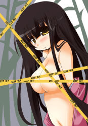 Rule 34 | 1girl, bamboo, bamboo forest, black hair, blush, breasts, caution tape, censored, clothes down, dutch angle, female focus, forest, houraisan kaguya, keep out, large breasts, long hair, looking at viewer, nature, navel, no nipples, outdoors, shiny skin, shirogane (platinum), smile, solo, topless, topless frame, touhou, undressing, upper body, yellow eyes