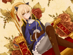Rule 34 | 1girl, animal ears, ascot, bad id, bad pixiv id, blonde hair, cape, cat ears, glasses, highres, kento1102, crossed legs, long hair, looking at viewer, pantyhose, perrine h. clostermann, rapier, sitting, solo, strike witches, sword, tail, throne, uniform, weapon, world witches series, yellow eyes