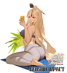 Rule 34 | 1girl, alternate costume, artist logo, artist name, ass, barefoot, blonde hair, blue bra, bra, breasts, cellphone, commentary, copyright name, covered erect nipples, english commentary, full body, genshin impact, grey pants, hair ornament, hairpin, hand up, highres, holding, holding phone, hu dako, long hair, looking at phone, medium breasts, ningguang (genshin impact), no shirt, pants, patreon logo, patreon username, phone, red eyes, simple background, sitting, smartphone, soles, solo, tassel, tassel hair ornament, underwear, very long hair, wariza, watermark, web address, white background