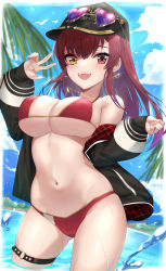 Rule 34 | 1girl, :d, bare shoulders, baseball cap, bikini, black hat, black jacket, breasts, cleavage, earrings, eyewear on headwear, glint, gold trim, halterneck, hat, heart, heart-shaped eyewear, highres, hololive, houshou marine, houshou marine (summer), jacket, jewelry, large breasts, lo xueming, long hair, looking at viewer, navel, necklace, o-ring, o-ring thigh strap, off shoulder, open clothes, open jacket, open mouth, red bikini, red eyes, red hair, smile, solo, stomach, string bikini, sunglasses, swimsuit, thigh strap, thighs, virtual youtuber, wading, water, wet, yellow eyes