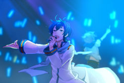 Rule 34 | 2boys, arm up, blonde hair, blue eyes, blue hair, blush, coat, glowstick, idol, kagamine len, kaito (vocaloid), male focus, microphone, multiple boys, music, outstretched arm, ponytail, sagami hako, scarf, singing, upper body, vocaloid