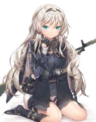 Rule 34 | 1girl, agrt, an-94, an-94 (girls&#039; frontline), aqua eyes, assault rifle, belt, belt pouch, black footwear, black gloves, black hairband, black jacket, black vest, blush, closed mouth, commentary request, gas mask, girls&#039; frontline, gloves, grey hair, gun, hair ornament, hairband, hand under clothes, highres, jacket, jacket on shoulders, knife, long hair, long sleeves, looking at viewer, mask, mask around neck, mouth mask, open clothes, open vest, pouch, rifle, short shorts, shorts, simple background, sitting, solo, thigh strap, v-shaped eyebrows, very long hair, vest, wariza, weapon, weapon on back, white background, white shorts