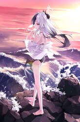Rule 34 | 1girl, absurdres, alternate costume, ass, bare legs, barefoot, bikini, black bikini, black hair, blue archive, demon horns, demon wings, floating hair, from behind, full body, grey hair, halo, highres, horizon, horns, kayoko (blue archive), looking at viewer, ly 7317, outdoors, profile, shirt, shirt partially removed, shoulder blades, sideways glance, single wing, solo, standing, sunset, swimsuit, toes, waves, white shirt, wings