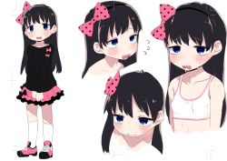 Rule 34 | 1girl, bags under eyes, bare shoulders, black hair, black hairband, black shirt, blush, bow, bra, breasts, closed mouth, collarbone, commentary request, cropped torso, flying sweatdrops, frilled skirt, frills, hair bow, hairband, kereno, kneehighs, long hair, long sleeves, multiple views, open mouth, original, own hands together, pink bow, pink footwear, pink skirt, polka dot, polka dot bow, sharp teeth, shirt, shoes, skirt, sleeves past wrists, small breasts, sneakers, socks, sweat, teeth, training bra, underwear, upper body, very long hair, white bra, white socks