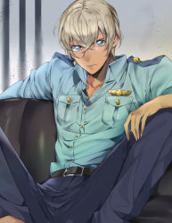 Rule 34 | 1boy, amuro tooru, belt, black belt, blonde hair, blue eyes, blue pants, blue shirt, buttons, closed mouth, collarbone, collared shirt, commentary, couch, dreaming182, dress shirt, feet out of frame, grey background, hair between eyes, highres, indoors, male focus, meitantei conan, on couch, pants, police, police uniform, policeman, serious, shirt, shirt tucked in, short hair, sitting, solo, spread legs, symbol-only commentary, uniform