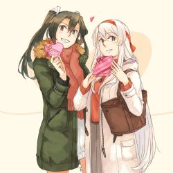 Rule 34 | 2018, 2girls, alternate costume, bag, blush, brown eyes, brown scarf, coat, commentary, cowboy shot, fur trim, gift, gift wrapping, green coat, green eyes, green hair, grey hair, grin, hair between eyes, hair over shoulder, hair ribbon, hairband, heart, holding, holding gift, kantai collection, long hair, long sleeves, looking at viewer, multiple girls, red hairband, red ribbon, red sweater, ribbon, scarf, shoukaku (kancolle), smile, sweater, teeth, tote bag, twintails, valentine, very long hair, weidashming, white coat, white hair, white ribbon, white sweater, zipper, zuikaku (kancolle)
